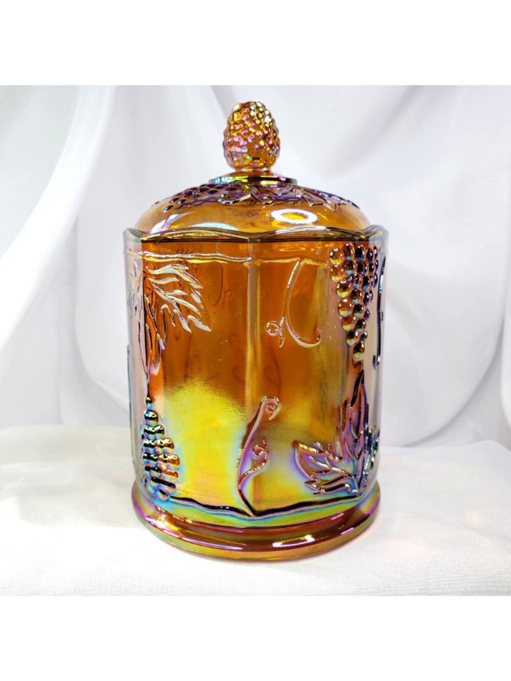 VTG Marigold Carnival Glass Canister Jar & Lid 7" Harvest Grape Indiana Glass - Picture 2 of 16